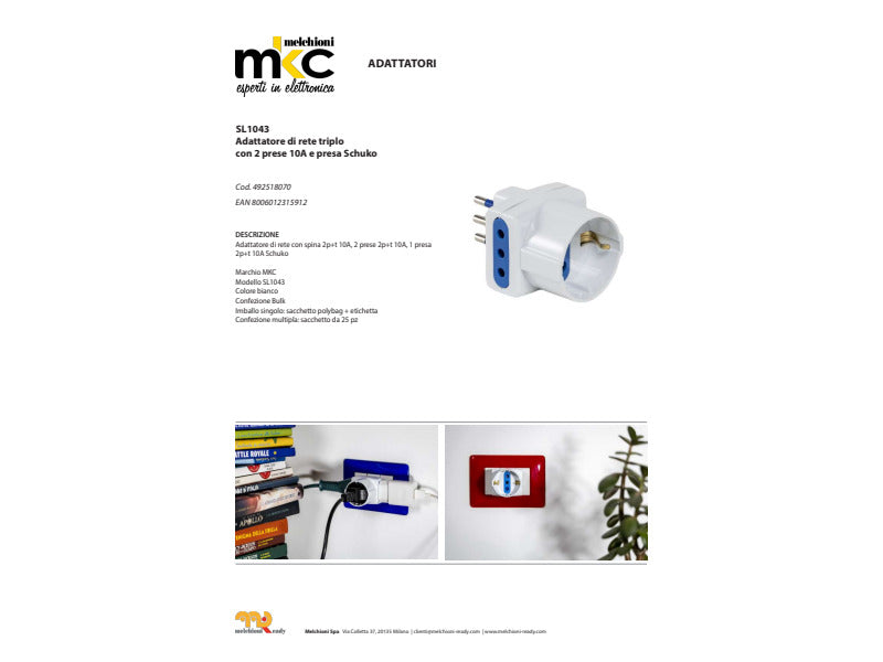 Adattatore di rete triplo e presa Schuko bianco MKC con 2 prese 10A
