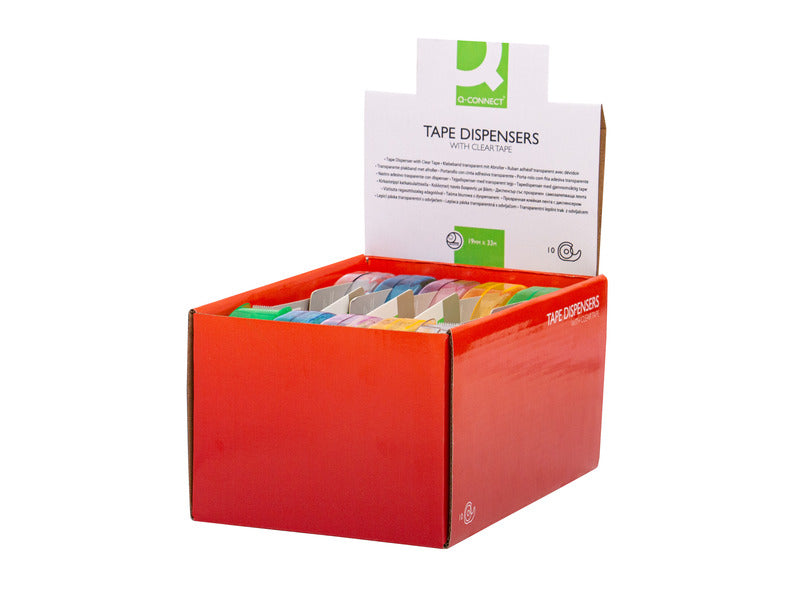 Espositore 10 nastri adesivi trasparenti con dispenser a chiocciola in blister Q-Connect assortiti - 19mmx33m