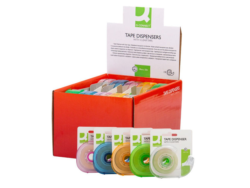 Espositore 10 nastri adesivi trasparenti con dispenser a chiocciola in blister Q-Connect assortiti - 19mmx33m