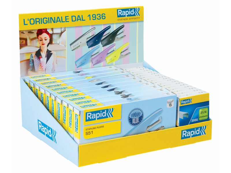 Espositore 30 articoli di cui 10 cucitrici a pinza Rapid S51 Supreme + 20 punti metallici Rapid Standard 21/4