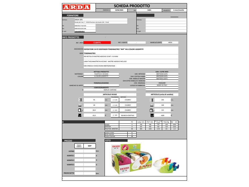 Espositore 24 dispenser tendinastro Arda RIIP - colori assortiti - nastro incluso - C1347TL