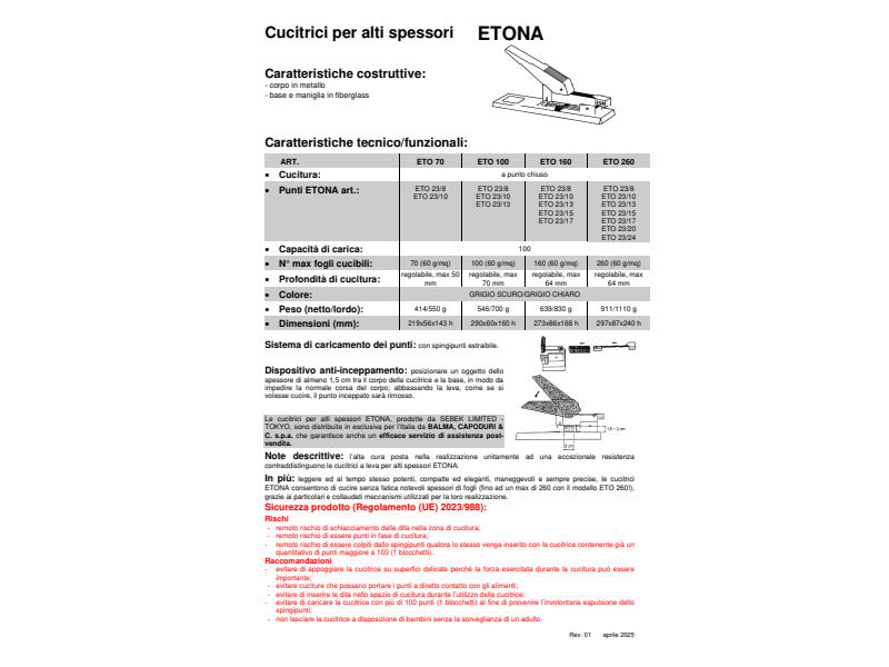 Cucitrice da tavolo Eto 260 G per alti spessori capacita' max 260 ff