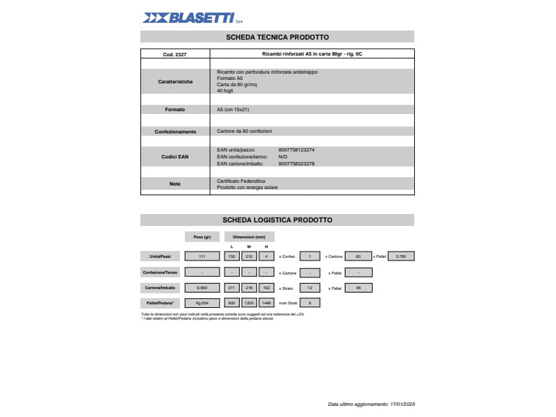 Ricambi rinforzati in PVC Blasetti per quaderni ad anelli A5 - 80 g/m2 - 40 ff - 0C - 2327