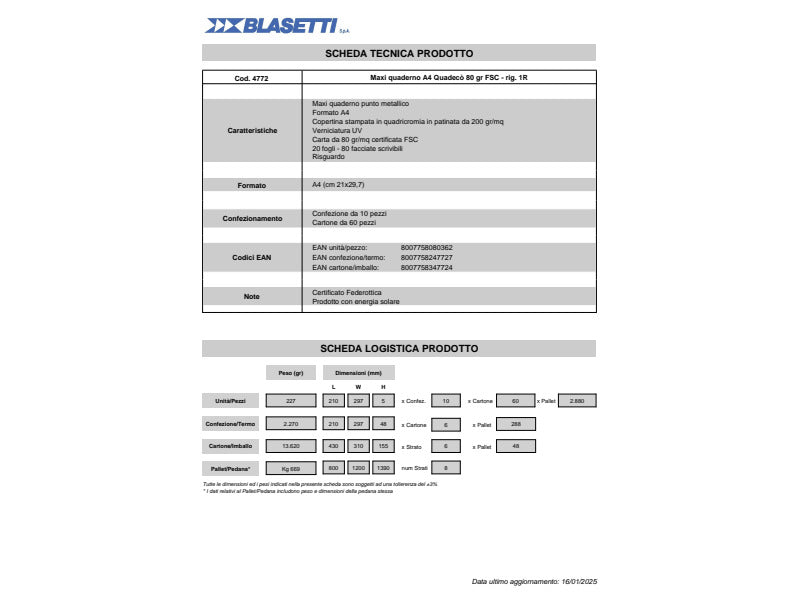 Maxi quaderno Blasetti Quadecò formato A4 carta 80 g conf. 10 pezzi rigatura 1R - 4772